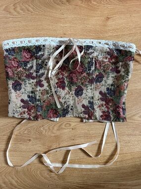 Floral Tapestry Corset Top with Lace Trim - Pink/Green Floral
